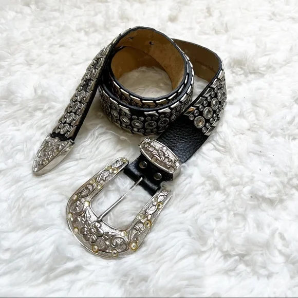 Women’s leather belt with large silver buckle black silver bling rhinestones - Picture 9 of 9